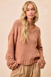BiBi Chunky Knit Sweater with Flower Detail Sleeves on Simply Obsessed