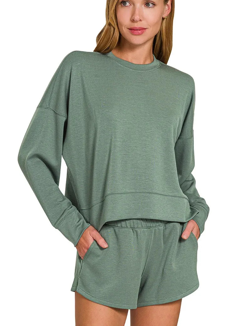 ZENANA Scuba Long Sleeve Sweatshirts & Shorts Set on Simply Obsessed