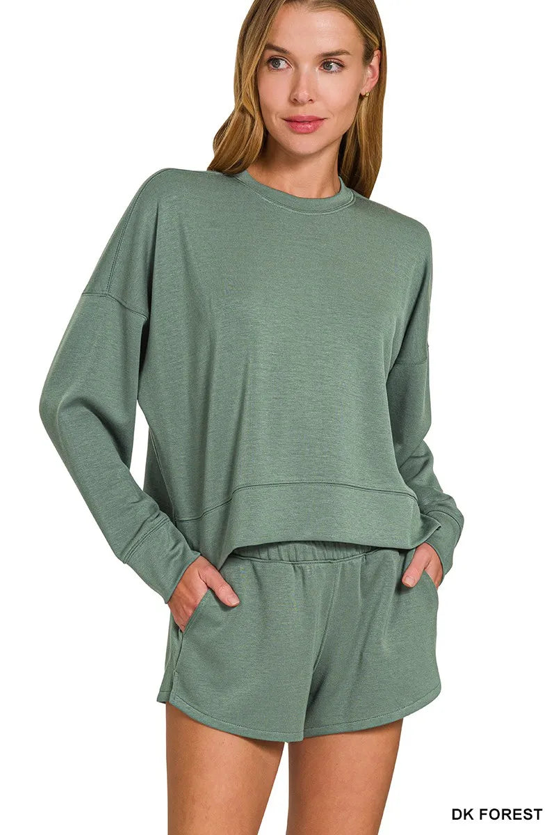 ZENANA Scuba Long Sleeve Sweatshirts & Shorts Set on Simply Obsessed