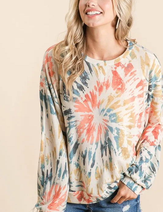 BiBi Tie Dye Print Terry Pull Over on Simply Obsessed