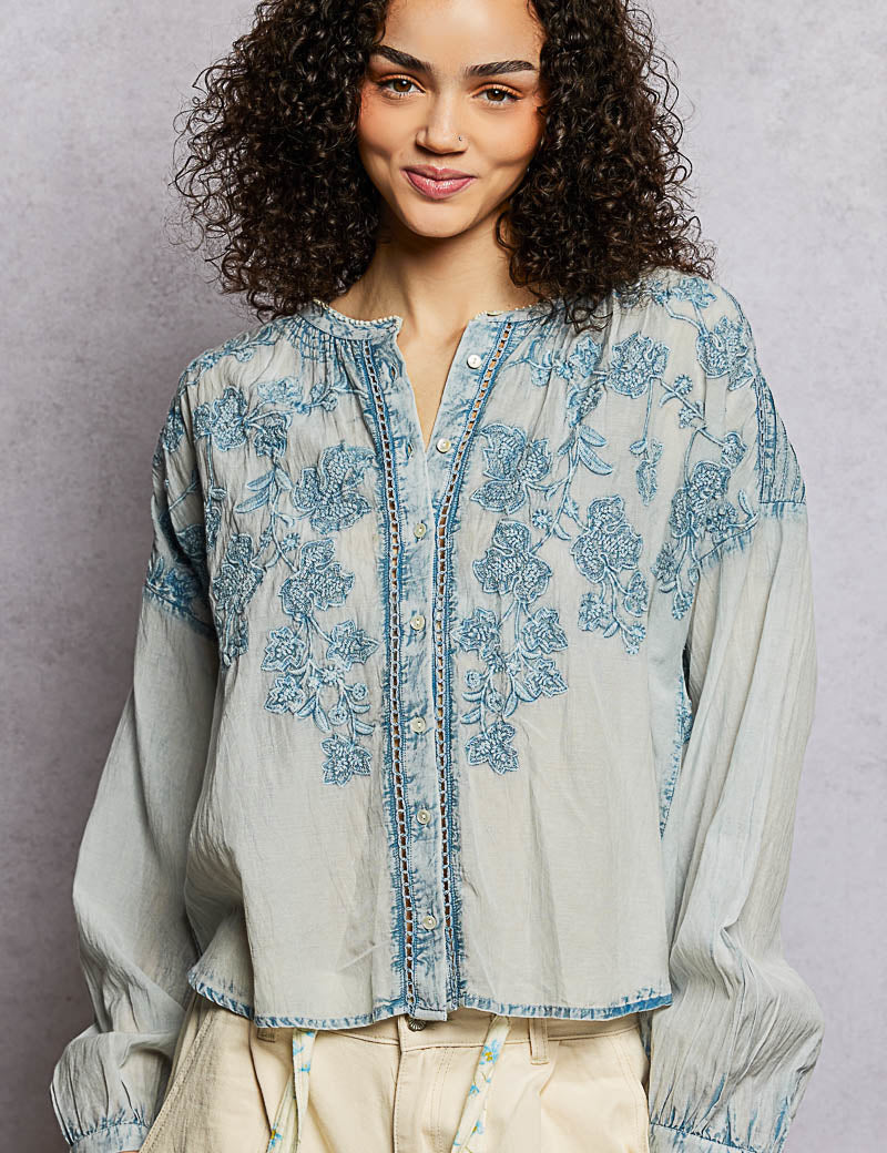 POL Floral Embroidered Button Down Long Sleeve Shirt on Simply Obsessed