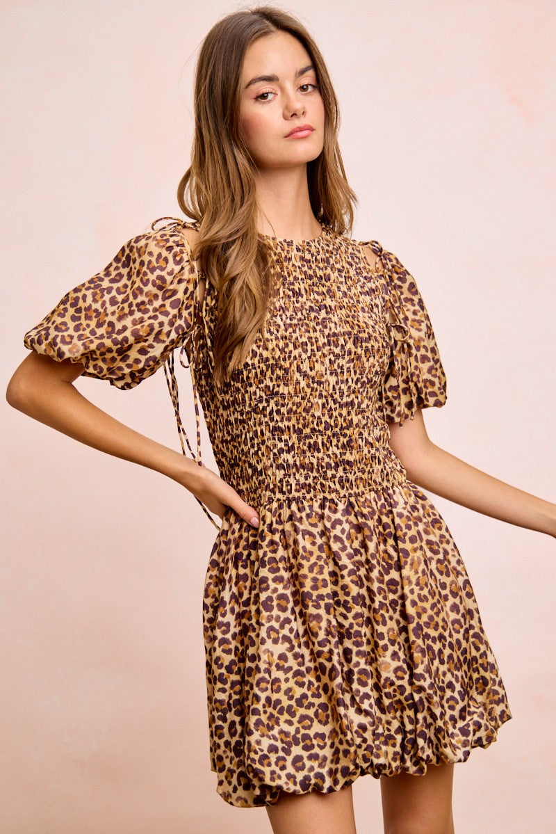 BIBI Leopard Bow Tie Attachable Puff Sleeves Dress on Simply Obsessed