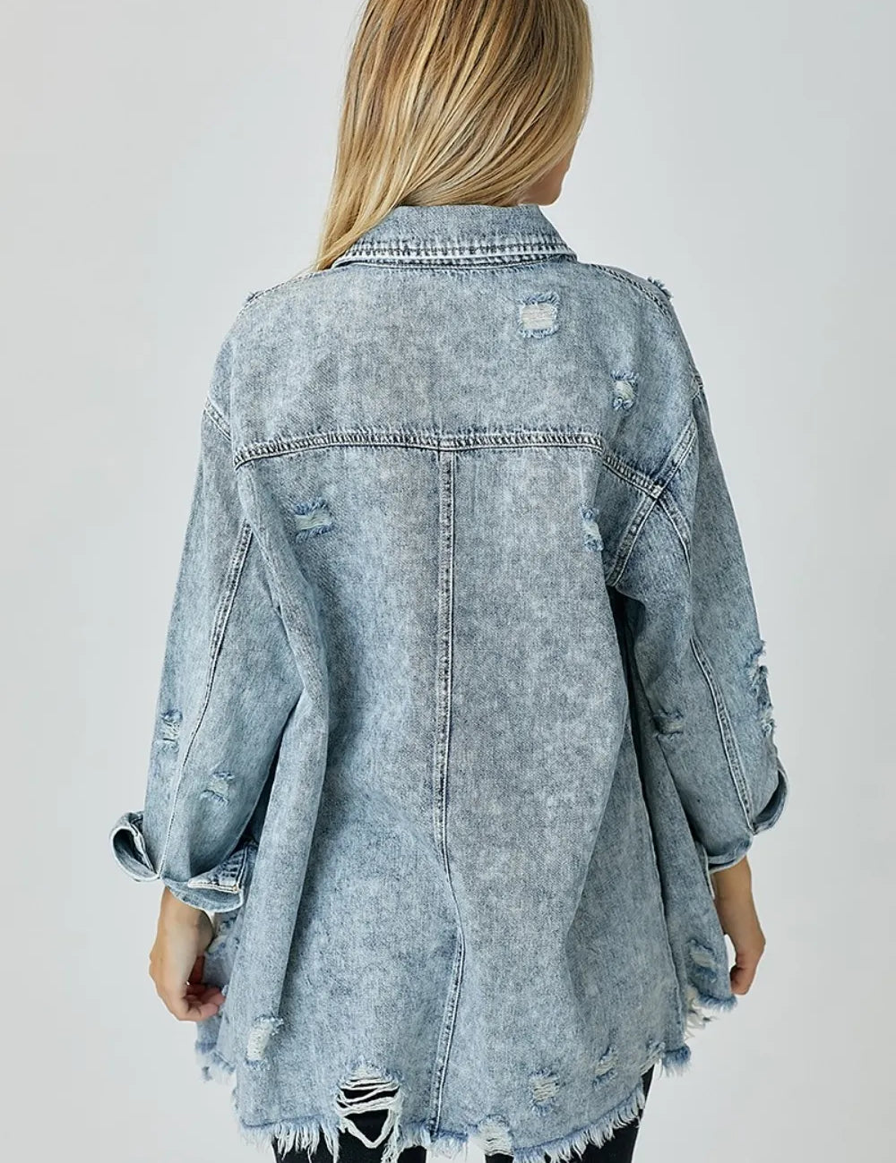 RISEN Distressed Raw Hem Denim Shirt on Simply Obsessed