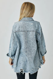 RISEN Distressed Raw Hem Denim Shirt on Simply Obsessed
