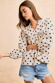 BIBI Polka Dot Corduroy Quarter Sleeves V Neck Blouse on Simply Obsessed