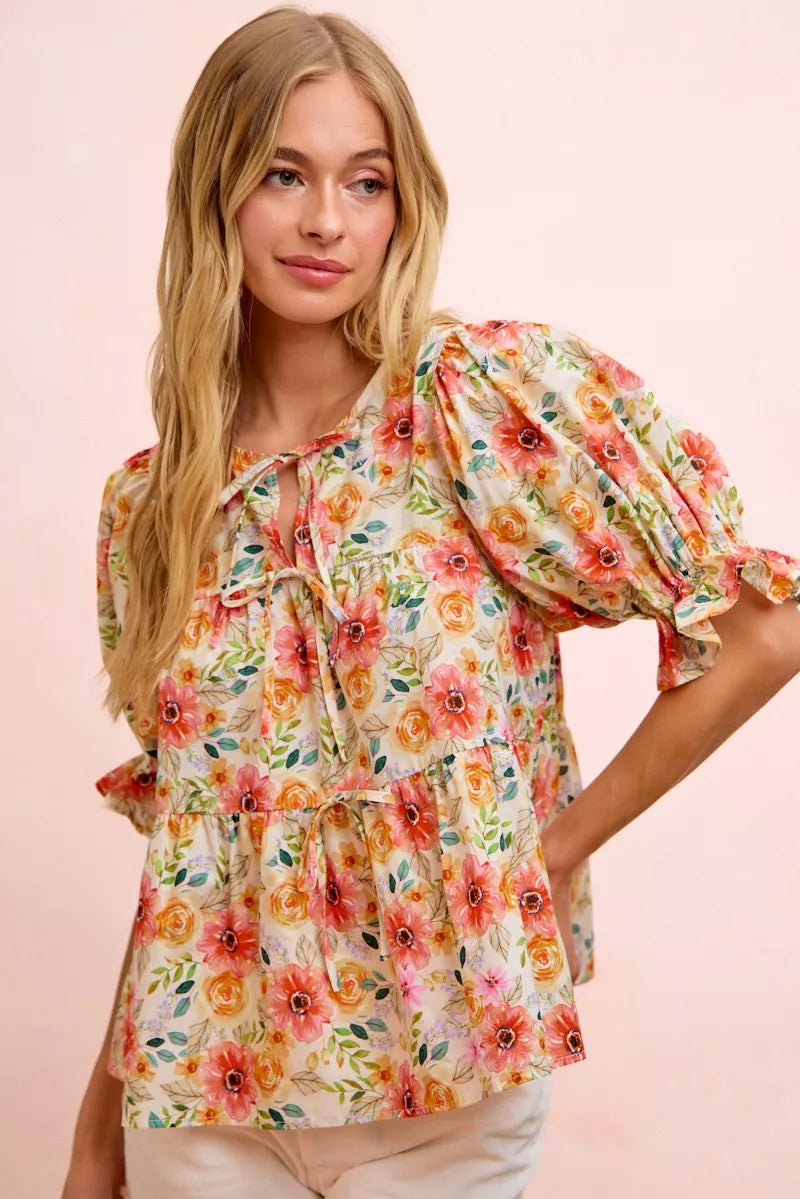 BIBI Flower Printed Shirring Detail Blouse Top on Simply Obsessed