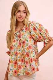 BIBI Flower Printed Shirring Detail Blouse Top on Simply Obsessed