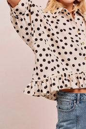 BIBI Polka Dot Printed Peplum Top with Front Button on Simply Obsessed