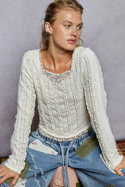 POL Texture Long Sleeve Blouse with Floral Ruffled on Simply Obsessed