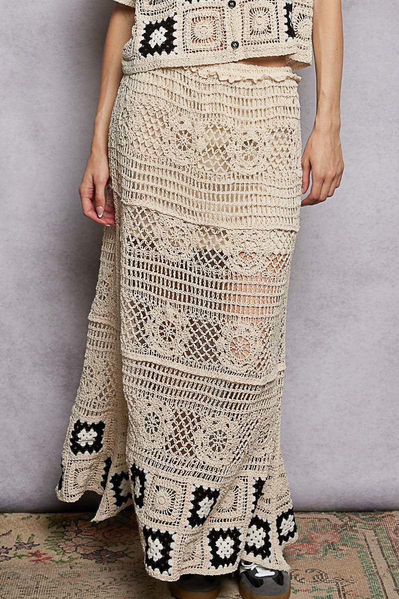 POL Floral Crochet Ruffled Waistband Maxi Skirt with Granny Square Weave **Debut SALE** on Simply Obsessed
