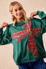BIBI Plaid Ribbon Bow Detail Christmas Fleece Pullover on Simply Obsessed