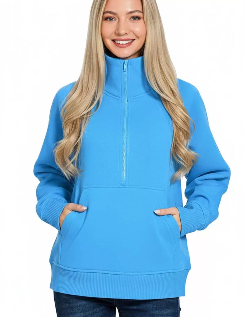 Zenana Half Zip Fleece Sweatshirt with kangaroo Pocket on Simply Obsessed