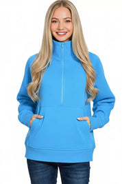 Zenana Half Zip Fleece Sweatshirt with kangaroo Pocket on Simply Obsessed