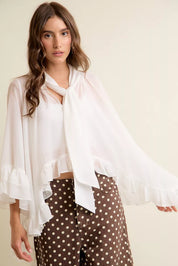 SO ME Sheer Ruffle Bell Sleeves Bow Tie Flowy Blouse Top on Simply Obsessed