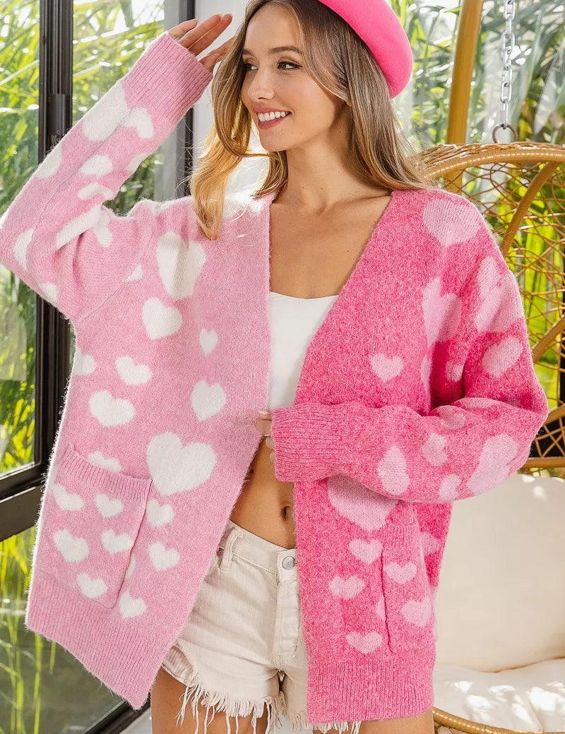 BIBI Heart Color Block V-Beck Knit Cardigan with Pockets on Simply Obsessed