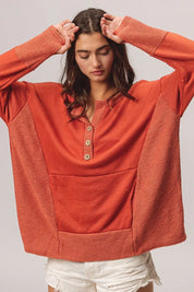 BiBi French Terry Knit Side Block Buttoned Henley Top on Simply Obsessed