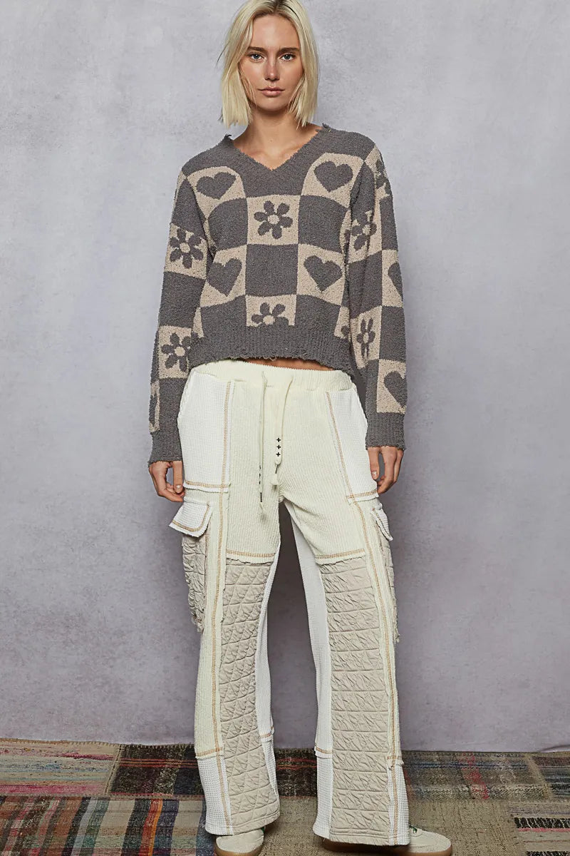 POL V-Neck Heart Pattern Checkered Sweater on Simply Obsessed