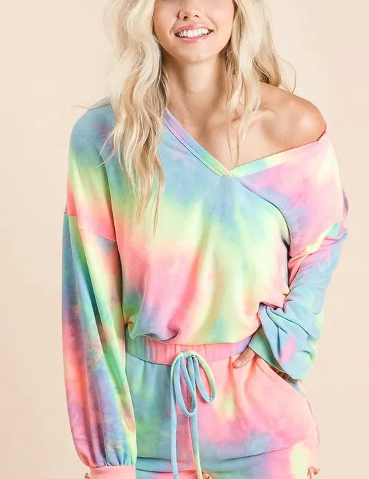 BIBI Tie Dye French Terry Top With Balloon Sleeves on Simply Obsessed