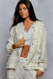 POL Floral Balloon Sleeve Hooded Lace Jacket with Stitch Detail on Simply Obsessed