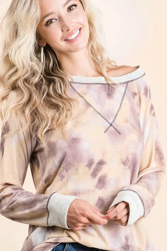 BiBi Tie Dye Terry Pull Over With Contrast Stitching on Simply Obsessed