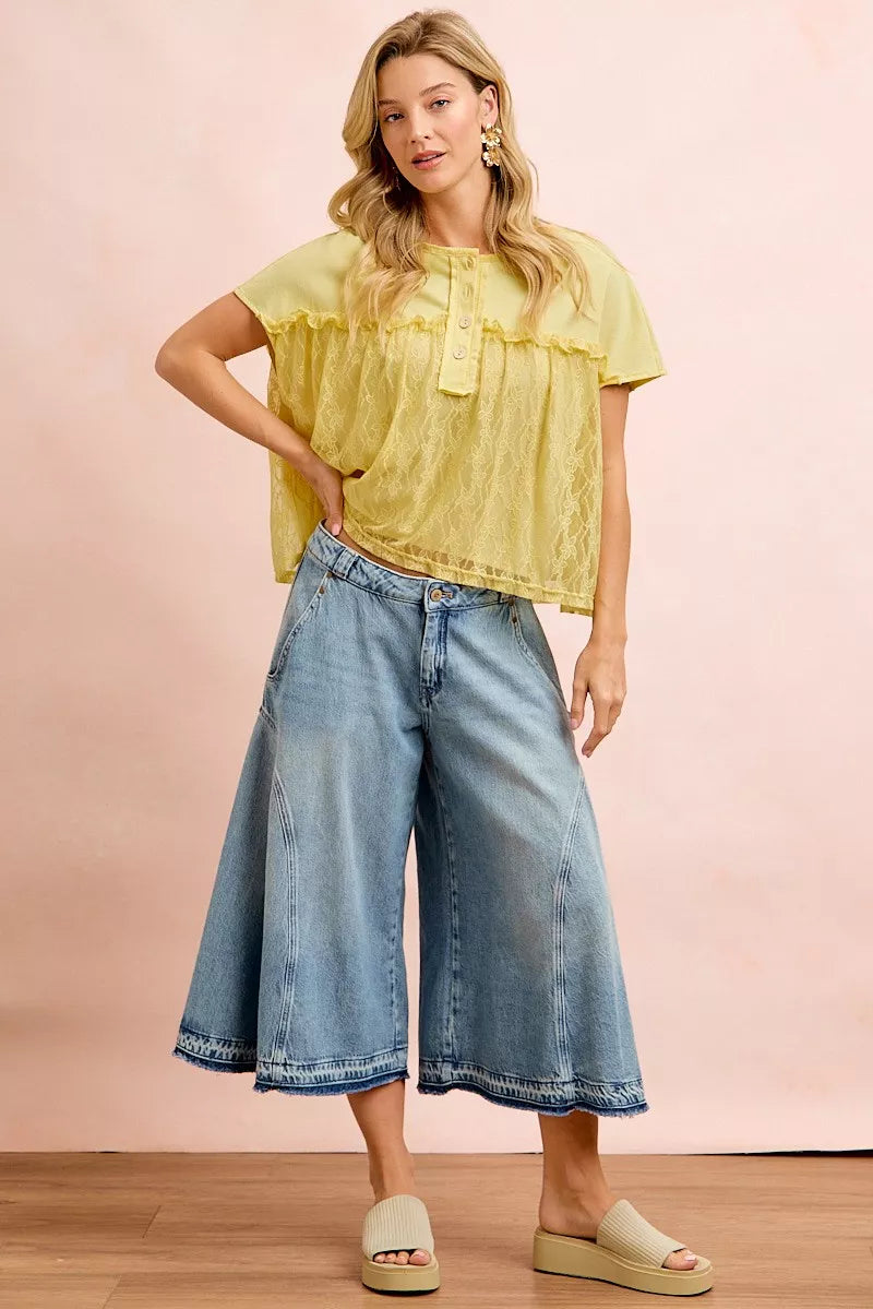 BIBI Solid Jersey With Lace Combo Ruffled Buttoned Top on Simply Obsessed