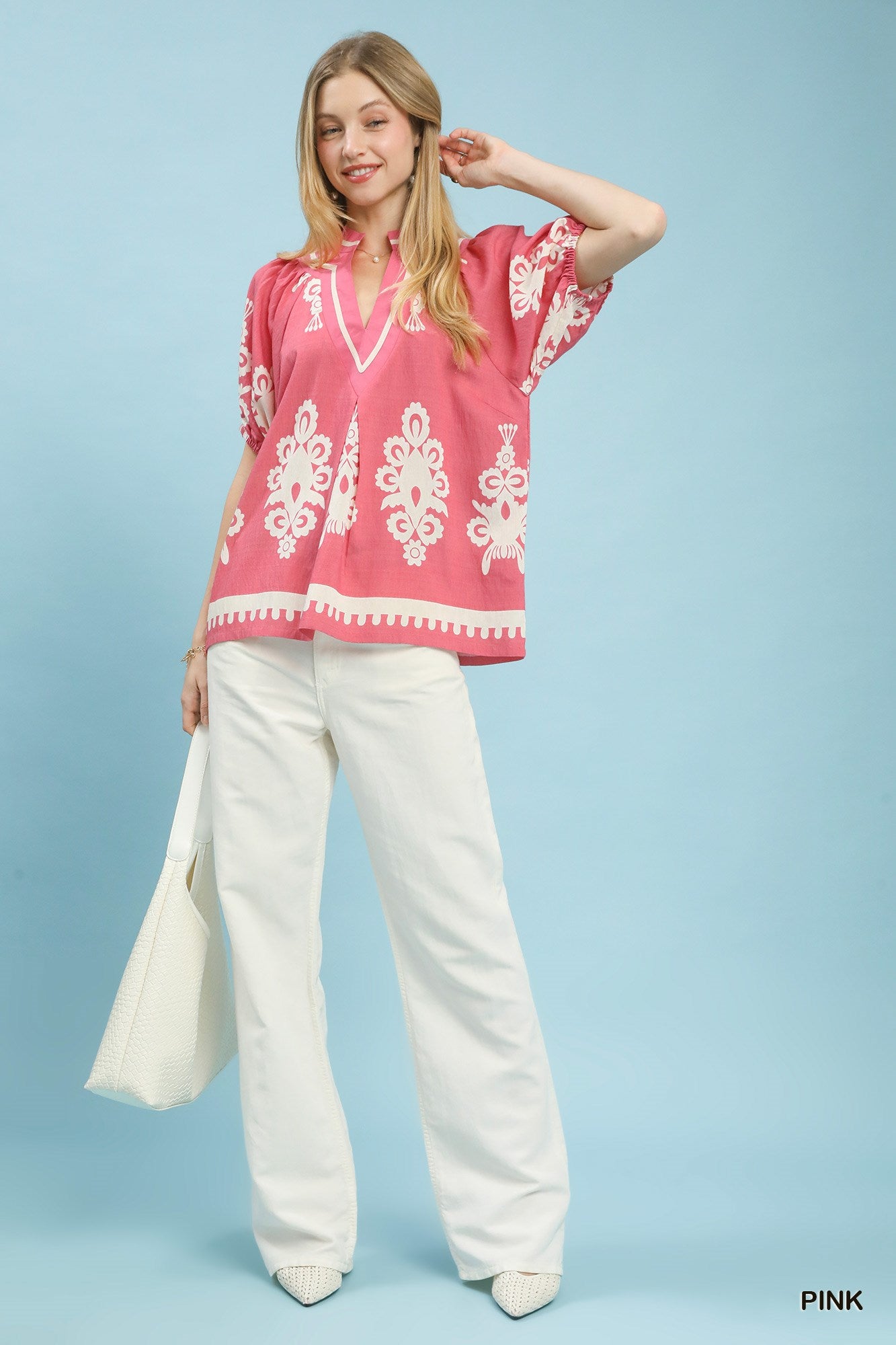 UMGEE Boho Print Split-Neck Short Sleeve Top on Simply Obsessed