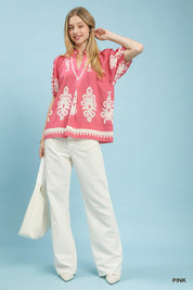 UMGEE Boho Print Split-Neck Short Sleeve Top on Simply Obsessed