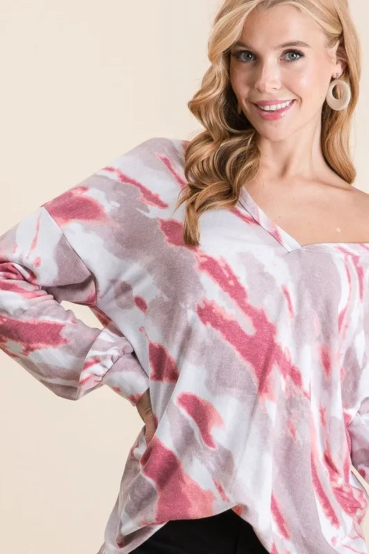 BIBI Tie Dye French Terry Top with Balloon Sleeves ****DOORBUSTER*** on Simply Obsessed
