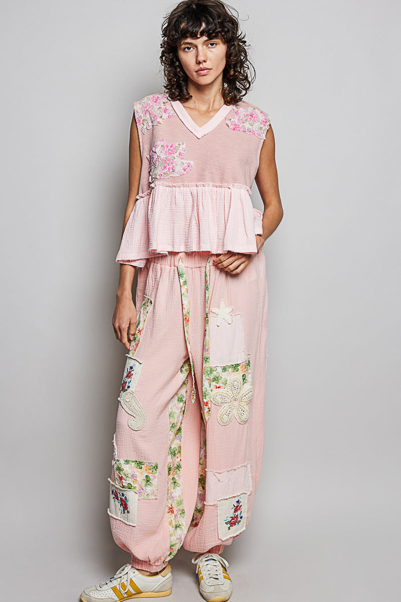 POL Floral Patch Ruffled Sleeveless Top with Raw Edge Detail on Simply Obsessed