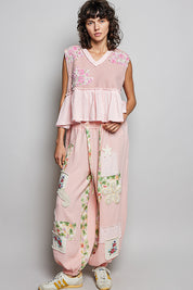 POL Floral Patch Ruffled Sleeveless Top with Raw Edge Detail on Simply Obsessed