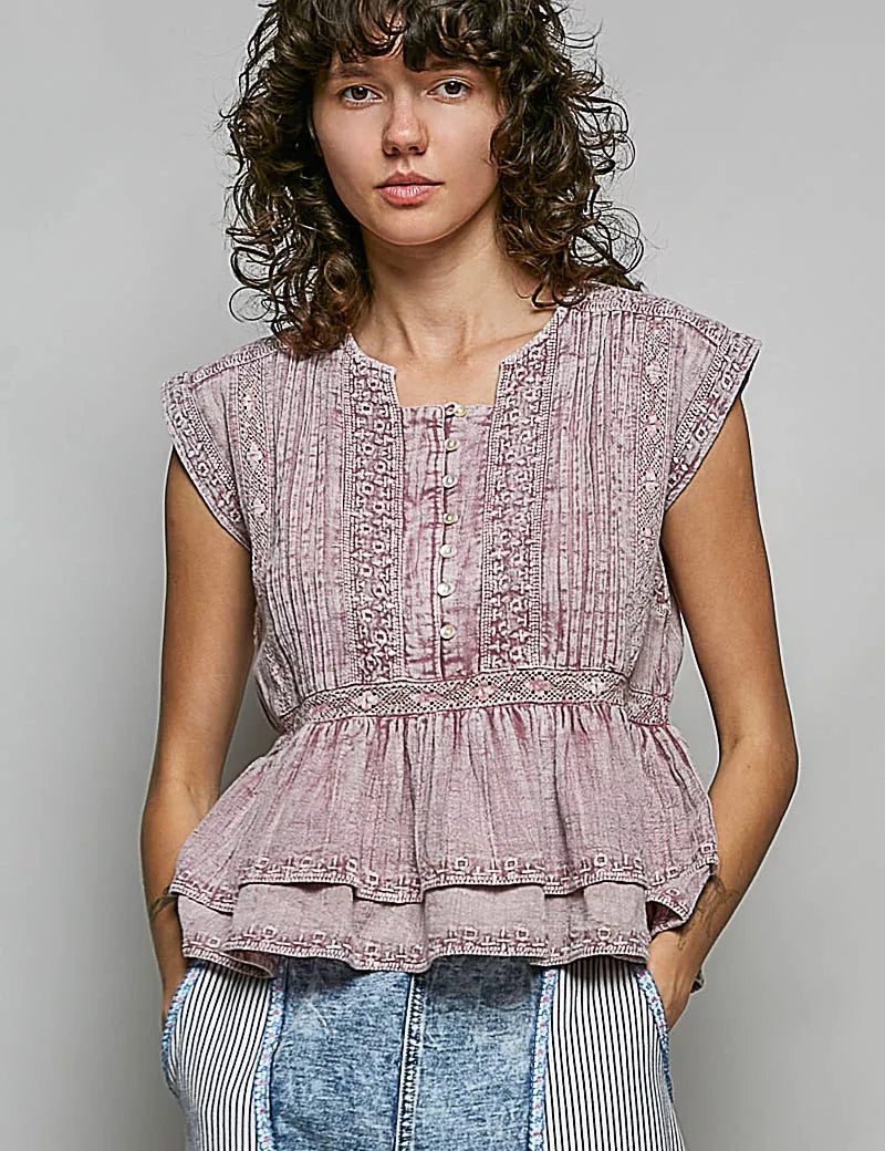 POL Eyelet Embroidery Pintuck Sleeveless Cotton Blouse on Simply Obsessed