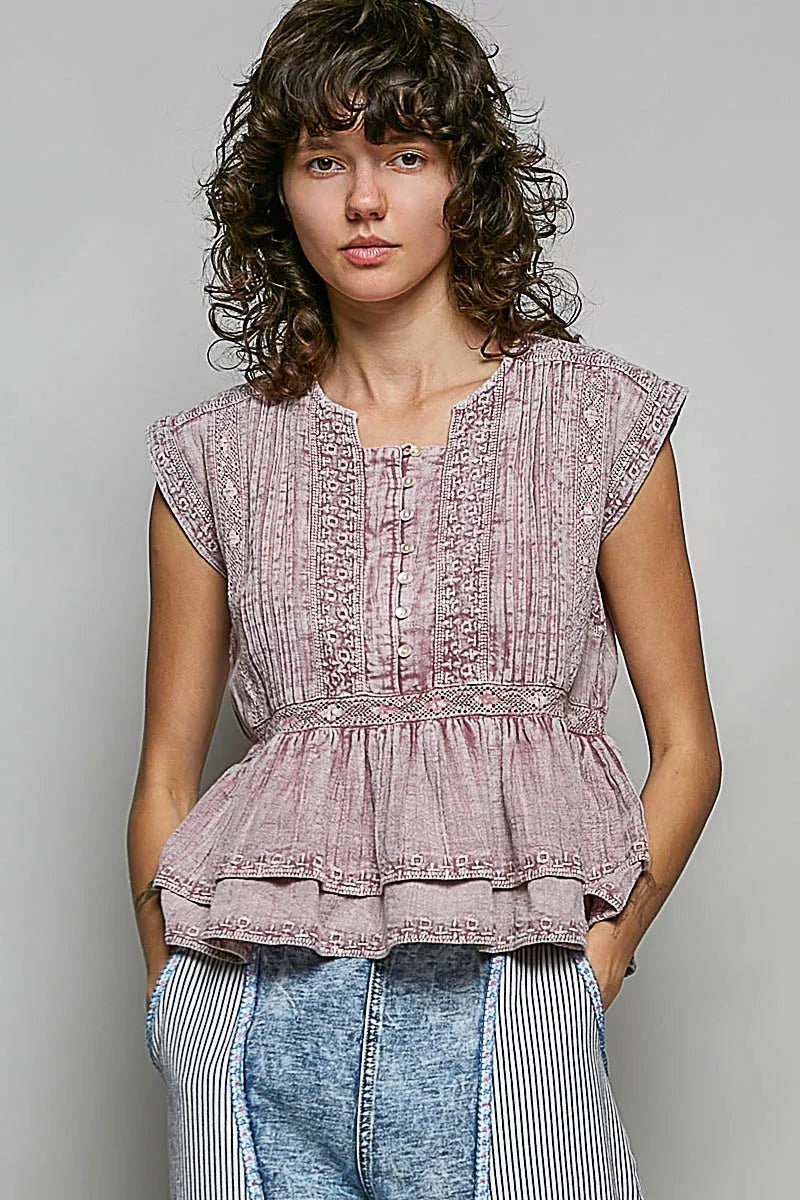 POL Eyelet Embroidery Pintuck Sleeveless Cotton Blouse on Simply Obsessed