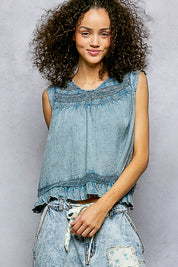 POL Button Closure on Back Ruffled Sleeveless Cotton Blouse with Trim Detail on Simply Obsessed