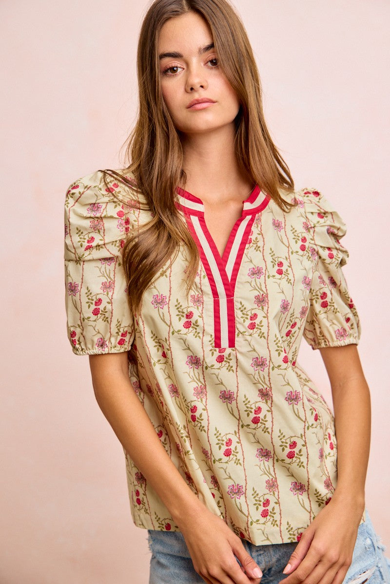 BIBI Floral Gather Sleeves Contrast Neckband Blouse Top on Simply Obsessed