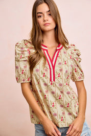 BIBI Floral Gather Sleeves Contrast Neckband Blouse Top on Simply Obsessed