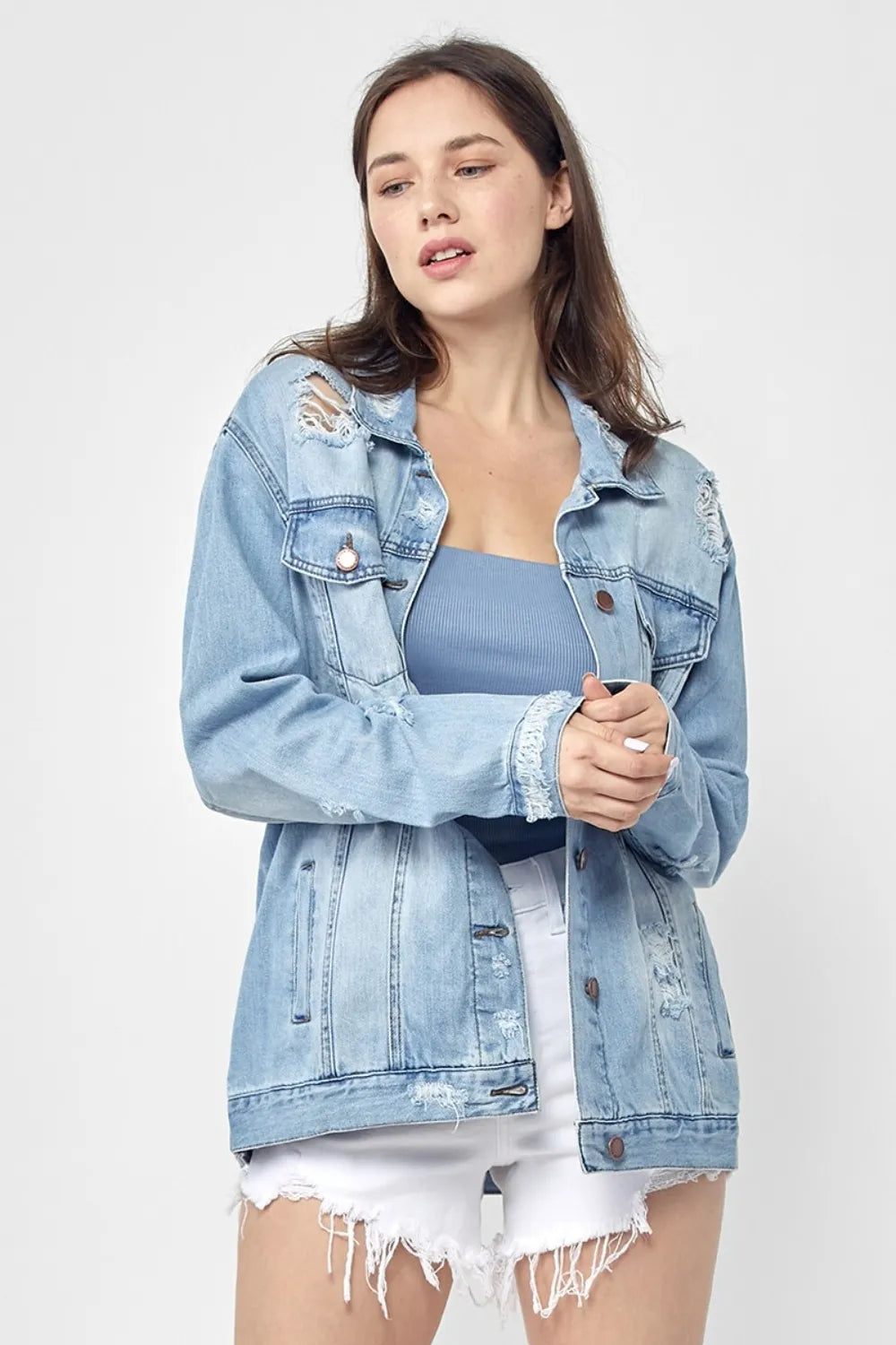 RISEN Full Size Distressed Long Sleeve Denim Jacket Plus Size on Simply Obsessed