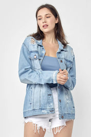 RISEN Full Size Distressed Long Sleeve Denim Jacket Plus Size on Simply Obsessed