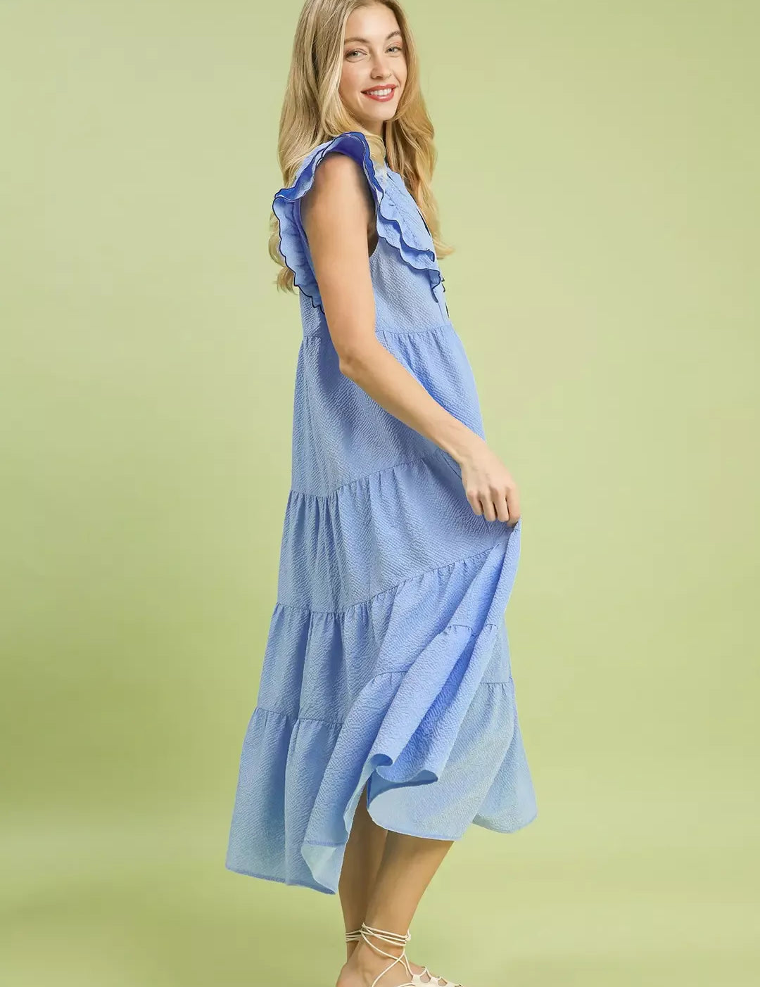 umgee tiered midi dress with ruffled sleeves Umgee Seersucker Ruffle Sleeve Tiered Midi Dress Ralphie's Funhouse