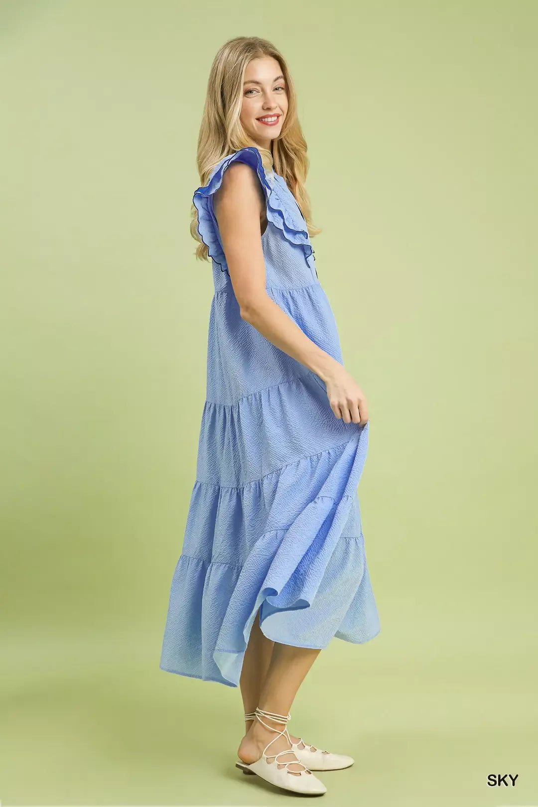 UMGEE Seersucker Ruffle Sleeve Tiered Midi Dress **DEBUT SALE** on Simply Obsessed
