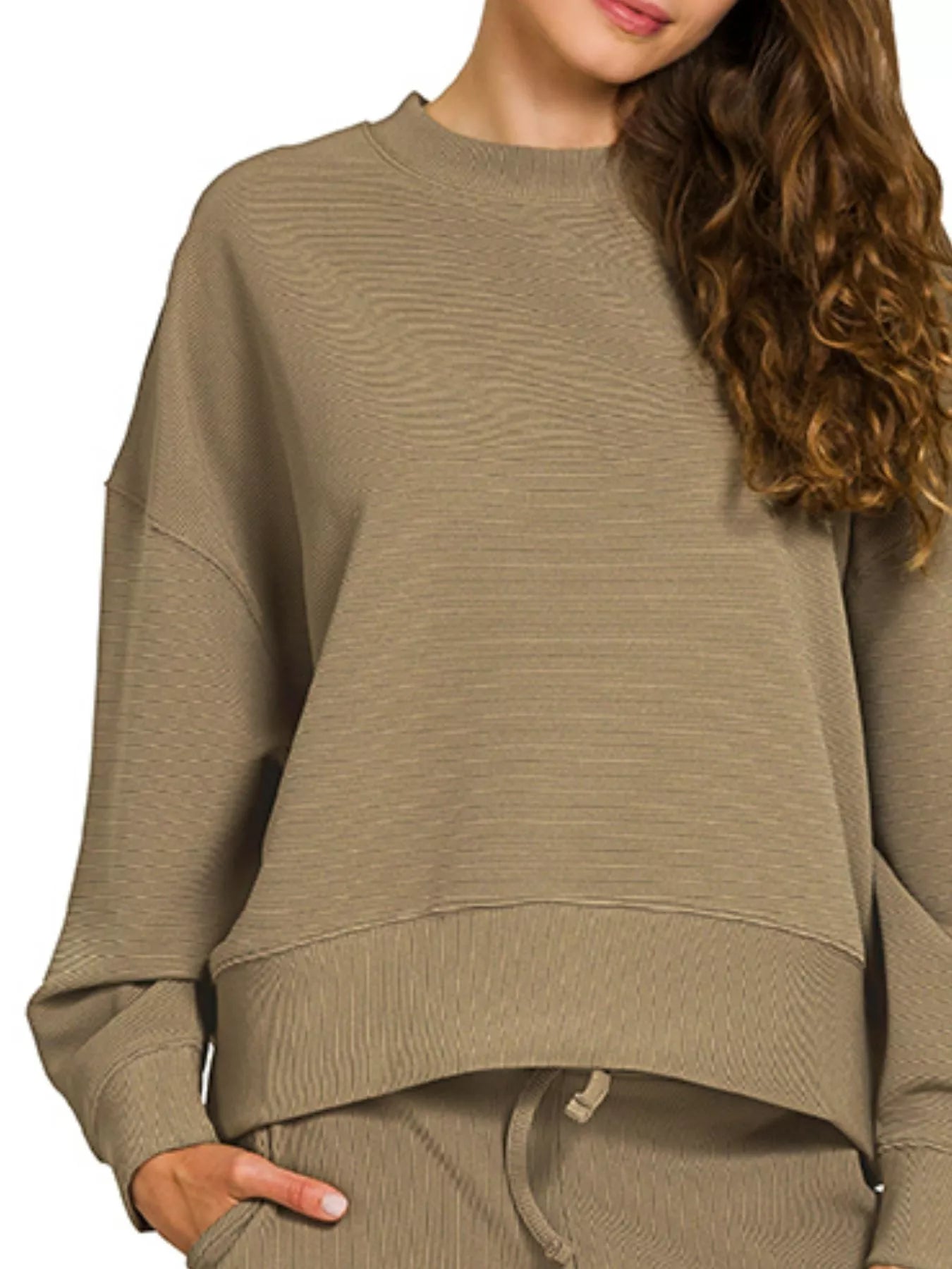 Zenana Ribbed Round Neck Pullover and Drawstring Pants Set on Simply Obsessed