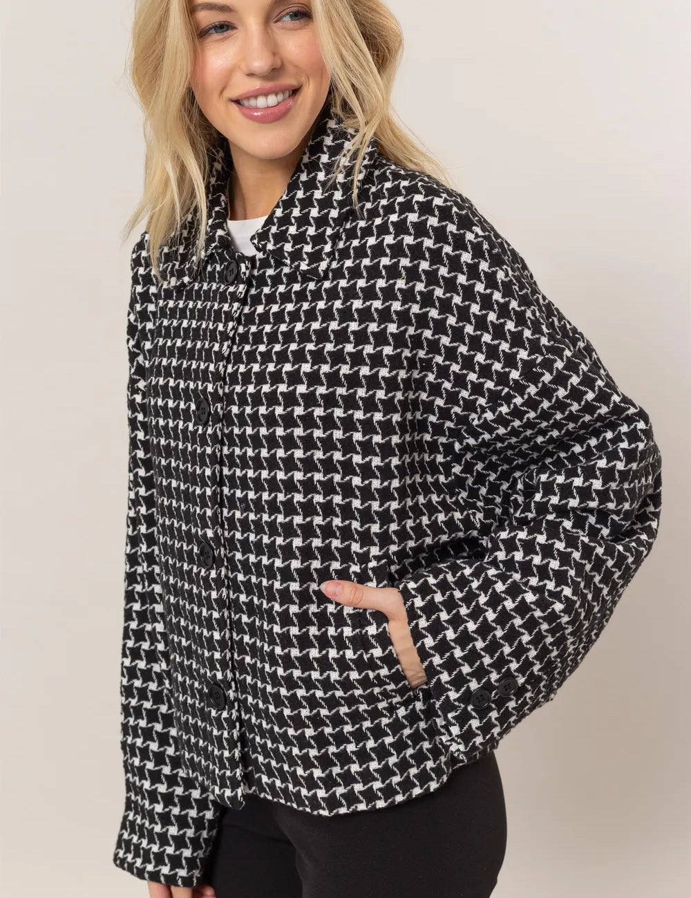 HYFVE Tweed Plaid Button Up Collared Neck Jacket on Simply Obsessed