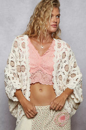 POL Openwork V-Neck Chenille Cardigan with Contrast Floral on Simply Obsessed