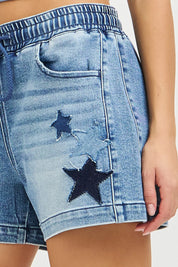 RISEN Elastic Band Slouchy Denim Shorts with Star Patched Details **DEBUT SALE** on Simply Obsessed