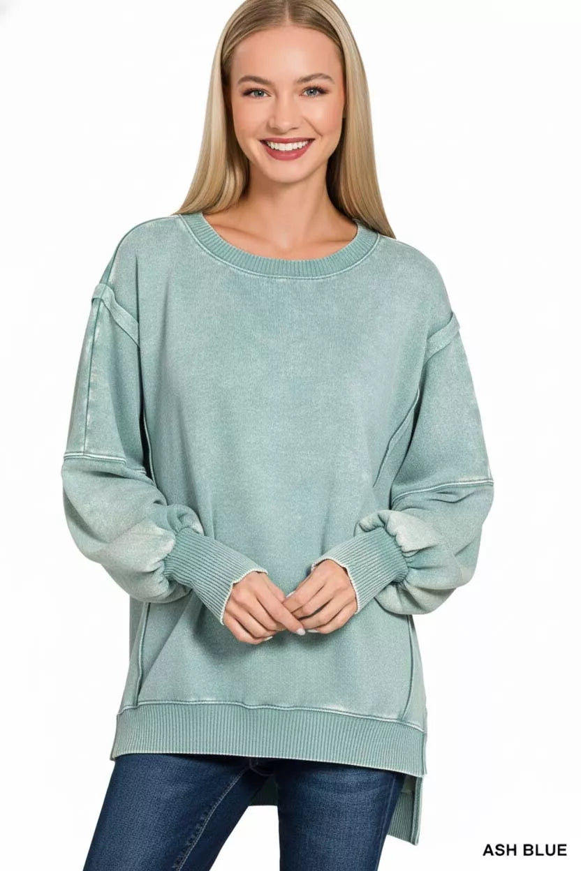 ZENANA Acid Washed Batwing Sleeve Fleece Sweatshirt on Simply Obsessed