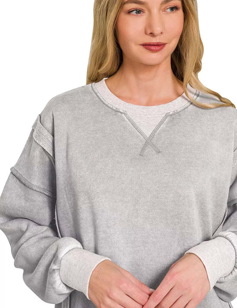 ZENANA Fleece Acid Washed Contrast Trim Pullover **FALL DEBUT SALE** on Simply Obsessed