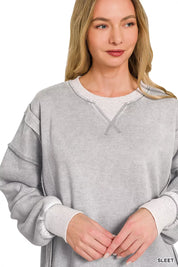 ZENANA Fleece Acid Washed Contrast Trim Pullover **FALL DEBUT SALE** on Simply Obsessed