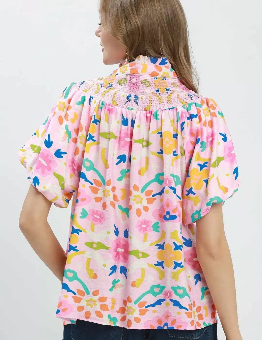 UMGEE Folk Art Print Top with Smocked Detail on Simply Obsessed