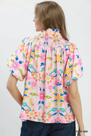 UMGEE Folk Art Print Top with Smocked Detail on Simply Obsessed