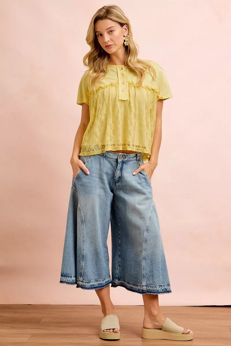BIBI Solid Jersey With Lace Combo Ruffled Buttoned Top on Simply Obsessed