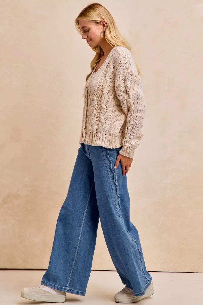 BIBI Wavy Side Edge Detail Lined Wide Leg Jeans on Simply Obsessed